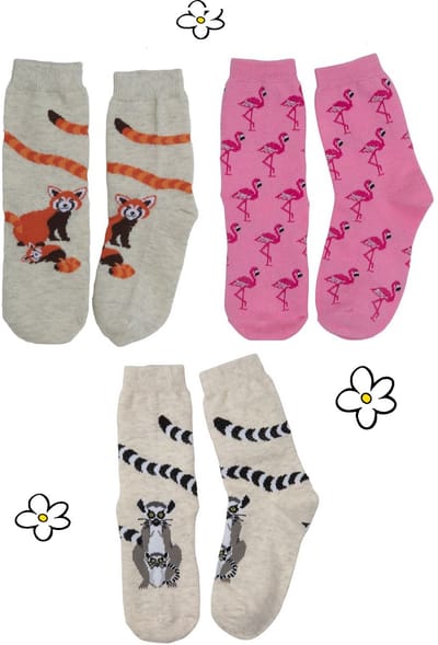 Nature Planet Set van 3 paar kindersokken sokken flamingo, rode panda en ringstaartmaki (100% Oeko-tex gecertificeerd) maat 29-34