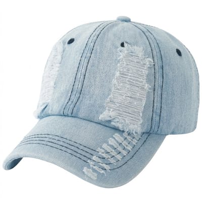 Lichtblauw distressed denim baseball pet dames en heren – cap met gescheurde jeans look en gebogen klep – verstelbare vintage baseball pet met washed effect – unisex casual pet voor streetwear