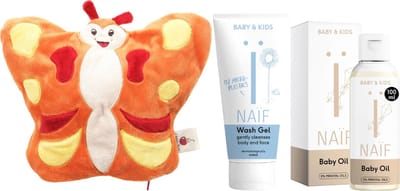 Naif Cadeauset Baby Care & Cherry Belly - Naif Baby & Kids Babyolie 100ml Soothing - Naif Baby & Kids Washgel 200ml - Cherry Belly Baby Warmteknuffel Vlinder
