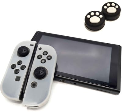 Gadgetpoint - Hoesjes & Skins + Thumb Grips voor Nintendo Switch 1 - Performance Gaming Case - Soft Grip Covers - Anti-Slip Joy-Con Controller Accessoires - Transparant + Pootjes Zwart met Wit DIK