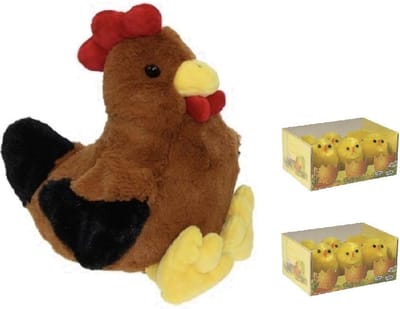 Decoris Pluche bruine kippen knuffel - 25 cm - met 12x stuks mini kuikentjes 3.5 cm - Paas/pasen decoratie