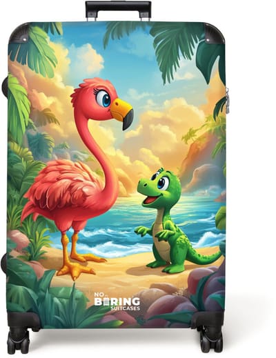 NoBoringSuitcases.com® - Koffer groot - Reiskoffer lichtgewicht - Flamingo en dinosaurus op strand bij ondergaande zon - Rolkoffer met 4 wielen - Grote trolley XL - 98 liter bagage