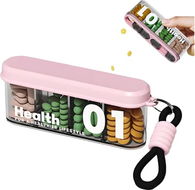 Draagbare pillendoos met 4 compartimenten, reisorganizer voor pillenflessen met sterke sluiting, anti-meng supplementenorganizer, pillendooshoes met BPA-vrij, pillencontainer met brede opening (roze)