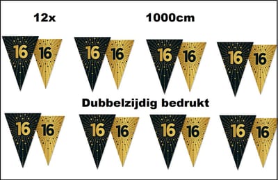 12x Luxe Vlaggenlijn 16 jaar 10 meter goud/zwart - dubbelzijdig bedrukt - Verjaardag thema feest