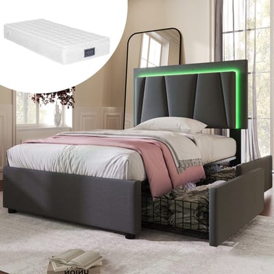 DESMIU Gestoffeerd Bed 90x200 cm Met Matras - Bed Met Ledverlichting En Hoogteverstelbaar Hoofdbord - 2 Laden - Voor Slaapkamer - Grijs