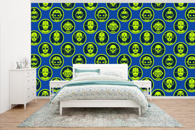 Behang - Fotobehang Patronen - Robot - Geel - Blauw - Jongens - Kinderen - Kids - Jongetje - Breedte 500 cm x hoogte 280 cm