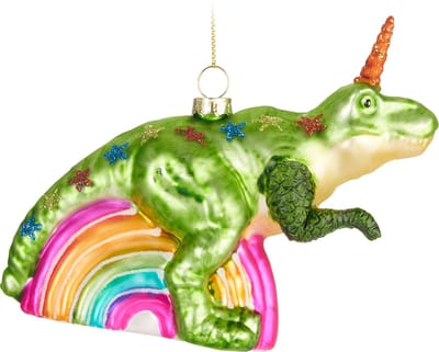 BRUBAKER Eenhoorn Regenboog Dinosaurus - Handgeschilderde Glazen Kerstbal - Handgeblazen Kerstversiering - Grappige Kersthanger - Kerstboom Decoratie - 13 cm