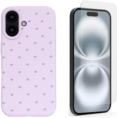 Hoesje en Glas Geschikt voor iPhone 16 - Paars - Casemania Stevige Siliconen Back Cover met Hartjes Print - 1x Glazen Screenprotector
