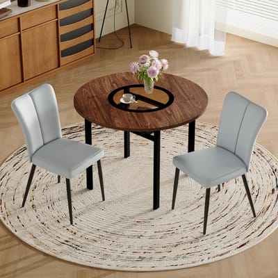 MODENUIT Eetkamerset 100 cm - Ronde Tafel met 2 Stoelen en Glasinleg - Voor Eetkamer - MDF, Glas, PU - Bruin