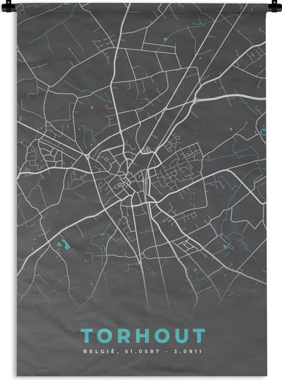 Wandkleed - Wanddoek - Stadskaart – Grijs - Kaart – Torhout – België – Plattegrond - 120x180 cm - Wandtapijt