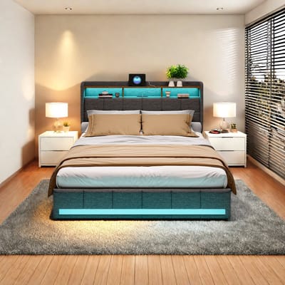Tweepersoonsbed 140x190 cm Grijs – Linnen Opbergbed met 4 Lades, LED & USB/Type-C
