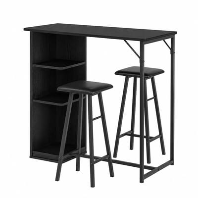 CORE Bartafel met 2 Barkrukken - Bartafelset - Houten Tafelblad met Metalen Frame - Gestoffeerde Barkrukken - Inclusief 3 Opbergplanken - Scandinavisch Design - Hoge Eettafel voor Keuken Woonkamer Appartement en Bar - 91.5x50x90cm - Zwart
