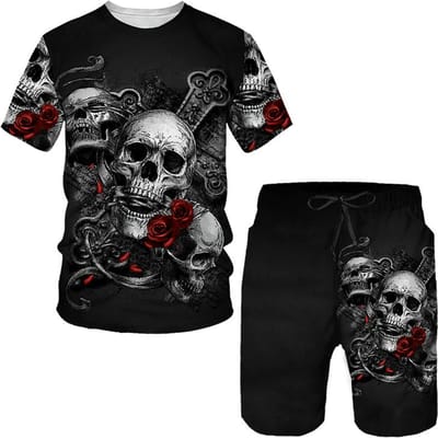 Punk Schedel 3D Gedrukt Oversize T-shirt/Shorts/Sets Heren Sportkleding Trainingspak Gothic Grafische Tee Tops Zomer herenkleding Pak 4XL black
