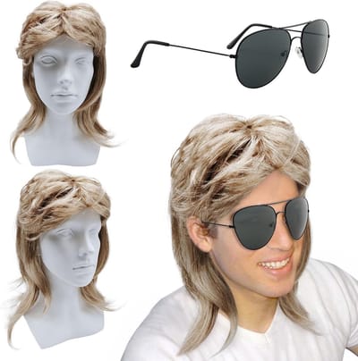 Blonde Vokuhila Peruk voor Mannen - Lange Synthetische 80s Cosplay Peruk voor Halloween en Feestjes, Perfect voor Retro Kostuums