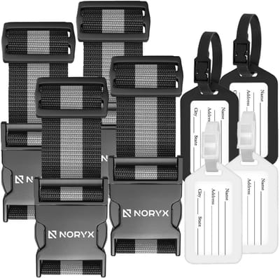 Noryx 8-delige Kofferriem en Kofferlabel set - 4x Kofferband & 4x Bagage Label - Kofferlabels - Bagageriem - Zwart/Wit
