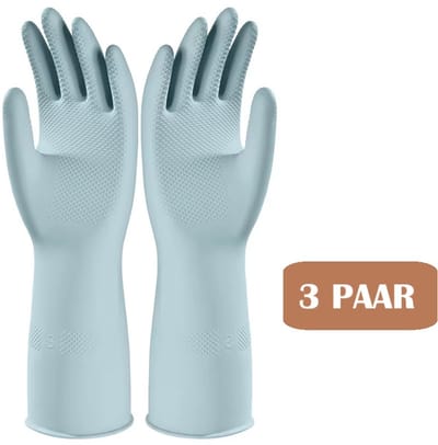 Waterdichte Schoonmaakhandschoenen - Set van 3 Paar – Blauw – Maat M (32x12 cm) – Huishoudhandschoenen - Stevig Rubber – Antislip & Touchscreen – Afwashandschoenen - Goede Kwaliteit