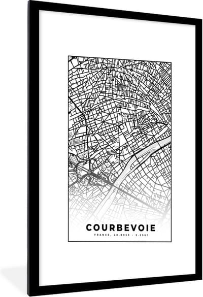 Fotolijst incl. Poster Zwart Wit- Kaart - Stadskaart - Frankrijk - Courbevoie - Plattegrond - Zwart wit - 60x90 cm - Posterlijst