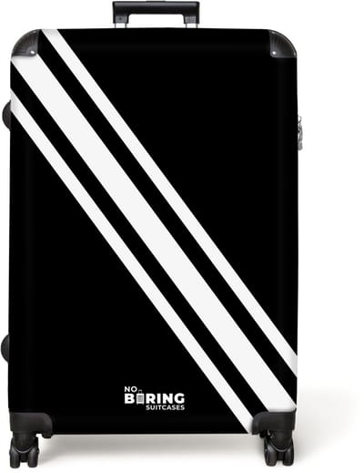 NoBoringSuitcases.com® - Koffer groot - Reiskoffer lichtgewicht - Zwarte achtergrond met diagonale witte dubbele streep - Rolkoffer met 4 wielen - Grote trolley XL - 98 liter bagage