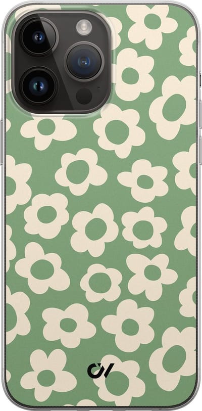 Hoesje geschikt voor Apple iPhone 14 Pro Max - Retro Cute Flowers - - Groen - Apple - Casevibes