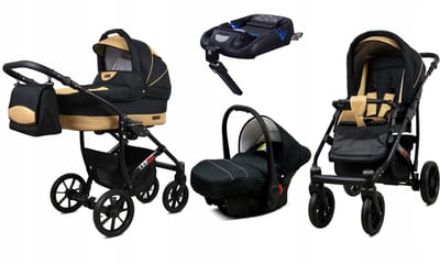 BabyLux® Kinderwagen 4in1 – LARGO - BLACK COFFE BLACK FRAME - Opklapbare Wandelwagen incl. Reiswieg, Multifunctionele Buggy Sportstoel, Autostoel, ISOFIX basisstation - Combi-kinderwagen met Luiertas, Regenhoes, Klamboe