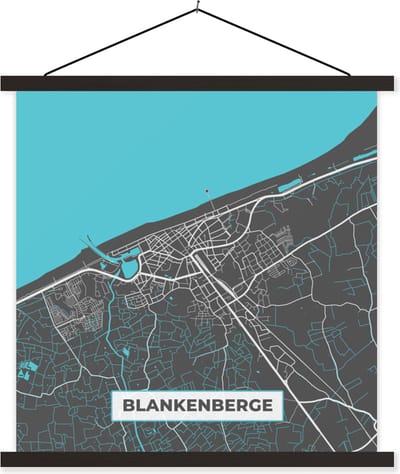Posterhanger incl. Poster 60x60 cm - Schoolplaat - België – Blankenberge – Stadskaart – Kaart – Blauw – Plattegrond - Textielposter - Zwarte latten - Stadskaart