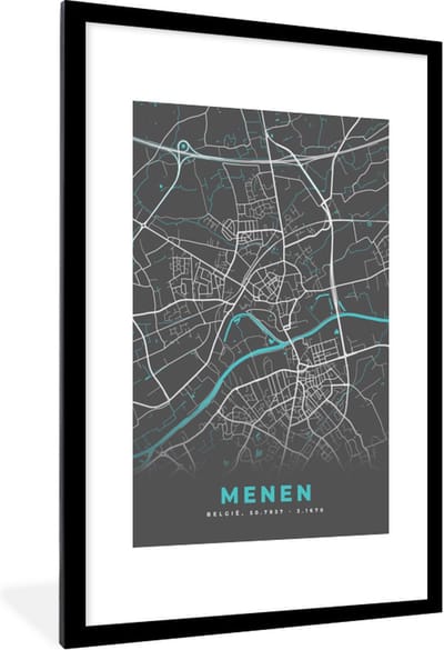 Fotolijst incl. Poster - België – Menen – Stadskaart – Kaart – Blauw – Plattegrond - 80x120 cm - Posterlijst