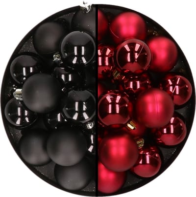 32x stuks kunststof kerstballen mix van zwart en donkerrood 4 cm - Kerstversiering