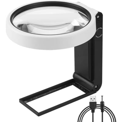 Groot vergrootglas van 11 cm (4,35 inch) met 10x/30x vergroting, inclusief verlichting en standaard. Draagbaar LED-vergrootglas, opvouwbaar, geschikt voor ouderen. Te gebruiken voor lezen, borduren, kaarttekenen, sieraden maken, enz.