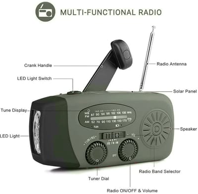 Noodradio Groen - Solar Radio - Solar Noodradio - Survival Radio - Radio op Batterijen - Emergency Radio - Dynamo Radio - Noodgeval Radio - Draagbare Radio - Opwindbaar - Zwengelradio - Portable Radio
