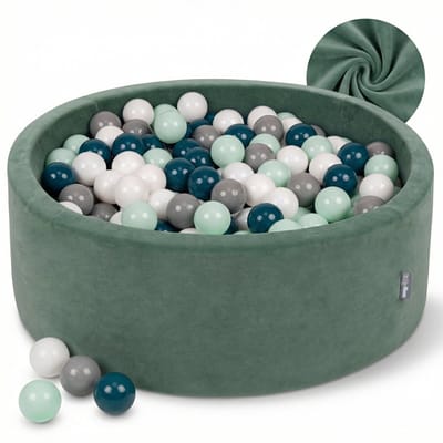 KiddyMoon Velvet Ballenbak voor kinderen 90x30cm Rond - Met 200 Ballen ∅ 7cm - Speelgoed - BPA-vrije ballenbakken - Ballenbad baby foam - Kunststof ballen - Bosgroen: Donkerturkoois Grijs Wit Munt