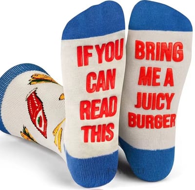SilverAndCoco® - Hamburger Sokken / Gekke Vrolijke Foute Happy Kleding / Leuke Grappige Dikke Warme Moeder Vrouwen Mannen Heren Socks / Fastfood Sok Katoen / Vrouwen Sinterklaas Schoen Kerst Cadeau Tekst - If you can read this Bring me Burger