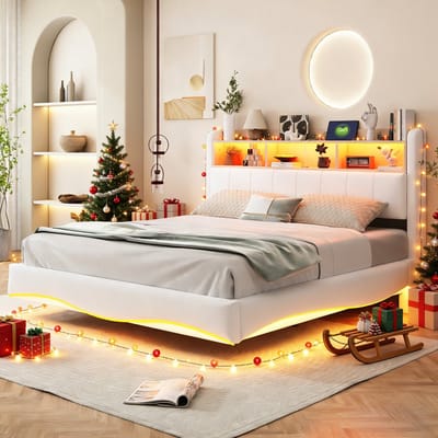 MODFU Ledikant 160x200 cm – Gestoffeerd linnenlook beige – Zwevend ontwerp – Met LED, USB & opbergruimte