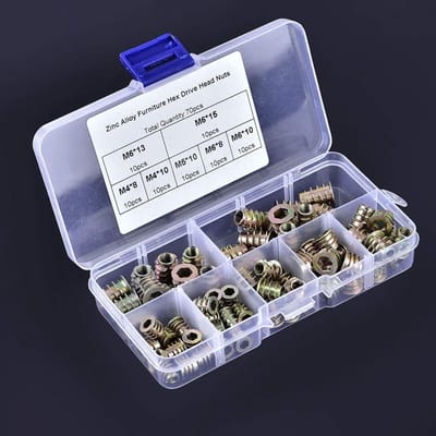 Dailygoods- Inzetmoeren Set van 70 Stuks - Zinklegering - Geschikt voor Grenen/Multiplex/Vezelplaat - Hoge Stabiliteit - Slijtvast - Eenvoudig te Installeren - Meubelmoeren