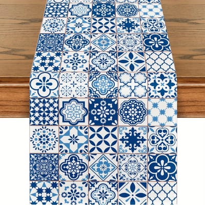 Bohemien Blauw Wit Tegelpatroon Tafelkleed Commode Sjaal Decoratie Vakantie Keuken Eettafel Lopers Huisfeest Decoratie 150x33cm blue