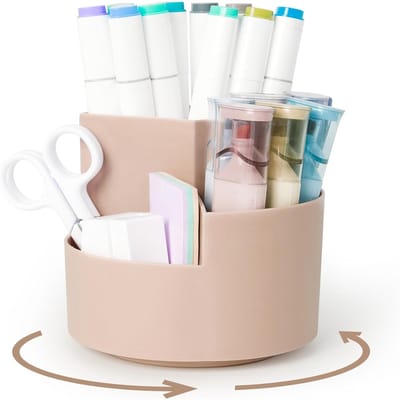 Peysaitr - Bureau organizer - 360° draaibaar - Ronde pennenhouder - Grote capaciteit - Geschikt voor studenten en kantoren - 3 compartimenten - Kunststof - Roze - 12x12 cm - 1 stuk