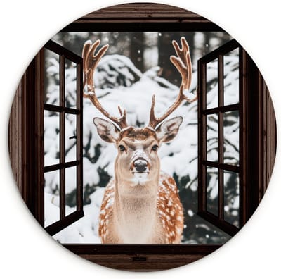 WallCircle® Wandcirkel 90x90 cm - Muurcirkel Hert - Sneeuw - Winter - Bos - Dieren - Doorkijk - Muurdecoratie woonkamer - Wanddecoratie slaapkamer - Kamer decoratie accessoires - Ronde schilderijen