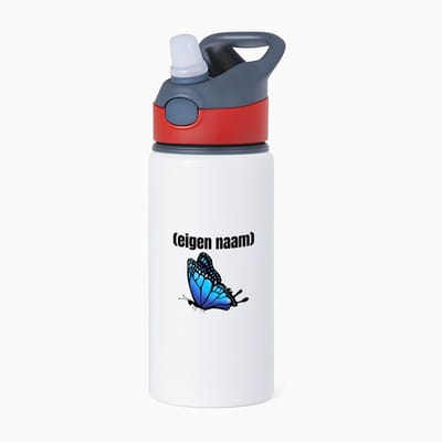Hacebo® - blauwe vlinder met eigen naam waterfles met rietje rood - Vlinder - dieren liefhebber - iemand die houdt van vlinders - verjaardag - cadeau - kado - geschenk - water fles - 650ML