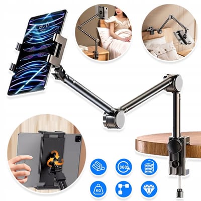 Telefoonhouder - Verstelbare Hoek En Hoogte Universeel Kogelgewricht - Koolstofstaal Stabiele Constructie - Opvouwbaar Geschikt Voor Apparaten Van 4 Tot 12,8 Inch - Zwart