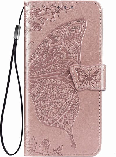 Hoesje geschikt voor iPhone XR - Bookcase - Pasjeshouder - Portemonnee - Vlinderpatroon - Kunstleer - Rose Goud