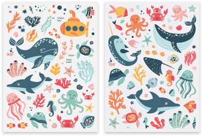 Stickers - Onderzeeer & Zeeleven Cartoonstyle - 2 Vellen - Scrapbook Hobby DIY Stickervel - 0,3-7,5cm - 128 Stuks