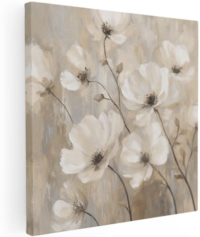 Artaza Canvas Schilderij Witte Abstracte Bloemen - 70x70 cm - Wanddecoratie Woonkamer - Schilderijen - Muurdecoratie