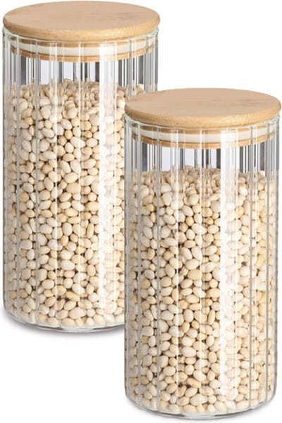 Zeller Voorraad/bewaar pot Grooves - 2x - hard glas - transparant - 800 ml - bamboe deksel - luchtdicht