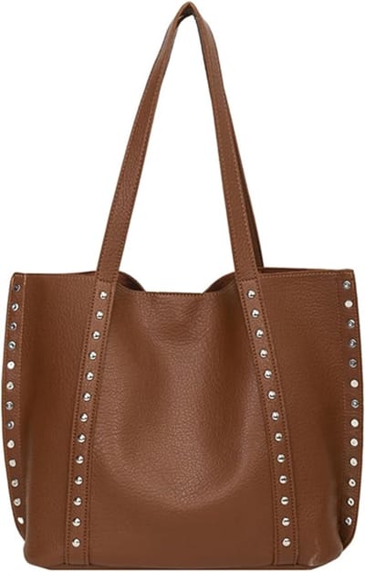 KZQ Mini suède tas, stijlvolle handtas van imitatie suède, damestas met studs, vintage schoudertas, geschikt voor werk en reizen - bruin.
