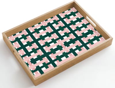 Dienblad hout 50x35 cm - Schootdienblad - Vlechtpatroon - Groen - Roze - Grafisch - Borrelplank rechthoek - Plateau dienbladen