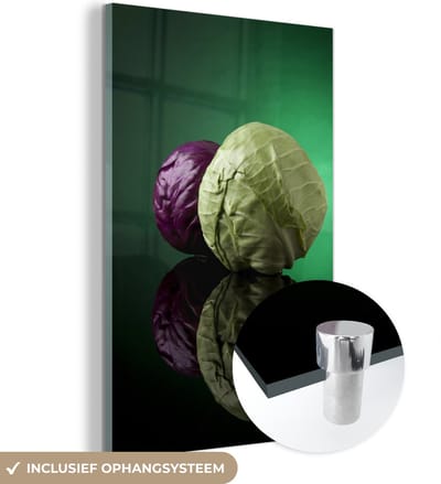 ® Glasschilderij 120x180 cm - Schilderij acrylglas - Rode en groene kool mooi gereflecteerd op zwart glas - Foto op glas - Muurdecoratie woonkamer - Wanddecoratie slaapkamer - Schilderijen