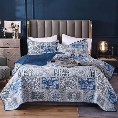 Gewatteerde Sprei Tweepersoonsbed Blauw Patchwork Katoen - Zomerdeken Inclusief Kussenslopen