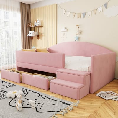 Slaapbank 90x190 cm - met twee laden en zijhek - met trapje - zonder matras - roze