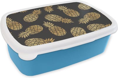 Broodtrommel Blauw - Lunchbox - Brooddoos - Ananas - Goud - Luxe - Patronen - 18x12x6 cm - Kinderen - Jongen
