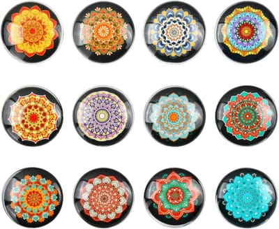Set van 12 mandala-stijl koelkastmagneten, 30 mm, decoratieve glazen magneten voor whiteboard en keuken, kleurrijke caleidoscooppatronen