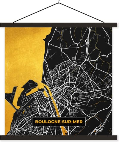 Posterhanger incl. Poster 60x60 cm - Schoolplaat - Frankrijk - Stadskaart - Boulogne-sur-Mer - Plattegrond - Kaart - Textielposter - Zwarte latten - Stadskaart